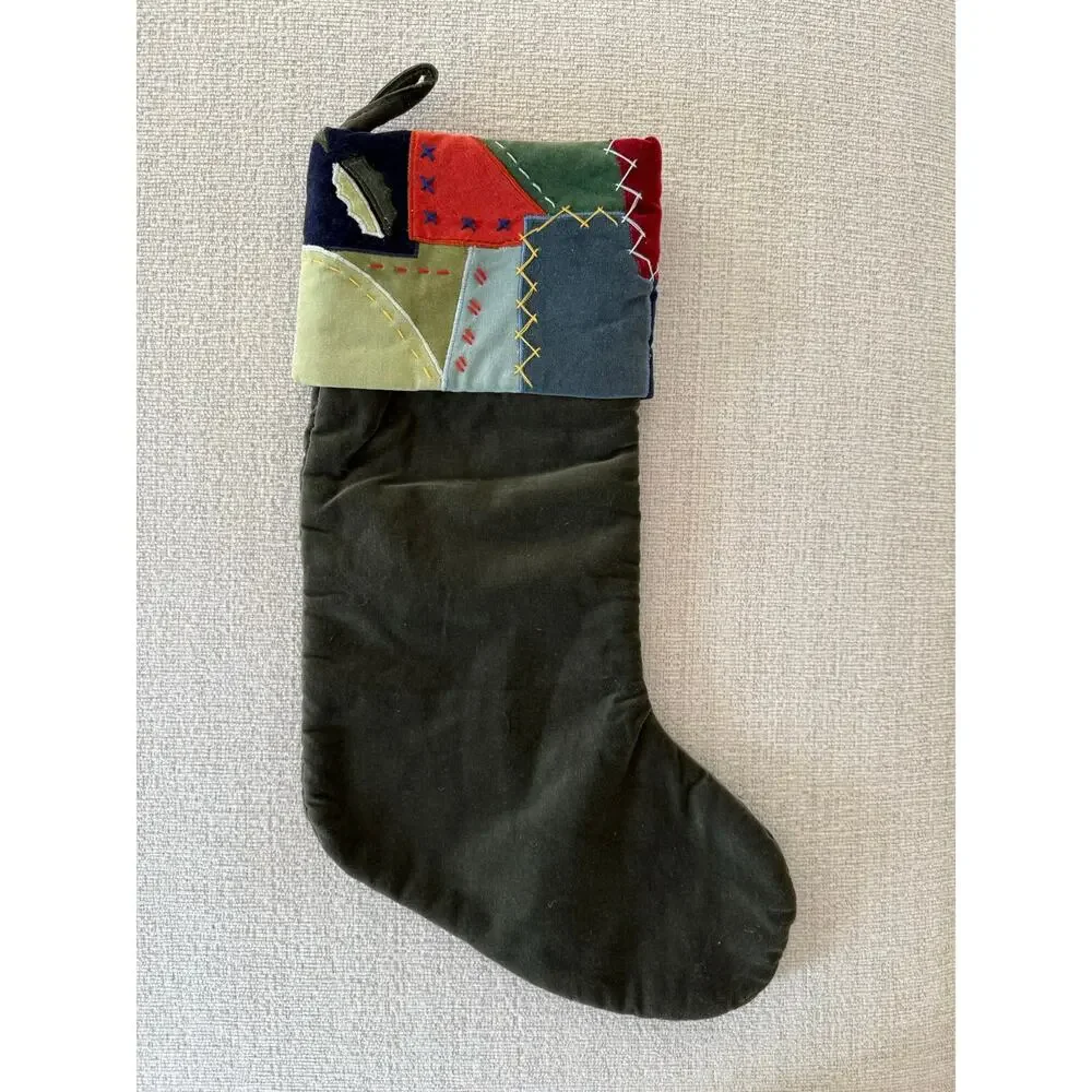 Velour Patchwork Christmas Stocking Green Cottage‎ Core Folk Art Country Decor